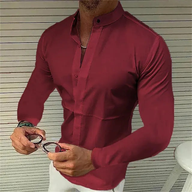 Men's Shirt Made Of Pure Colored Imitation Silk Fabric Long Sleeve