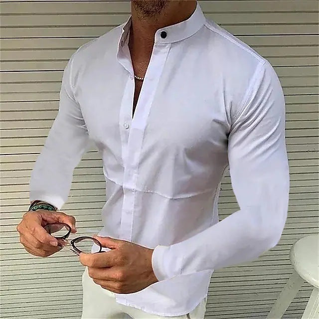 Men's Shirt Made Of Pure Colored Imitation Silk Fabric Long Sleeve