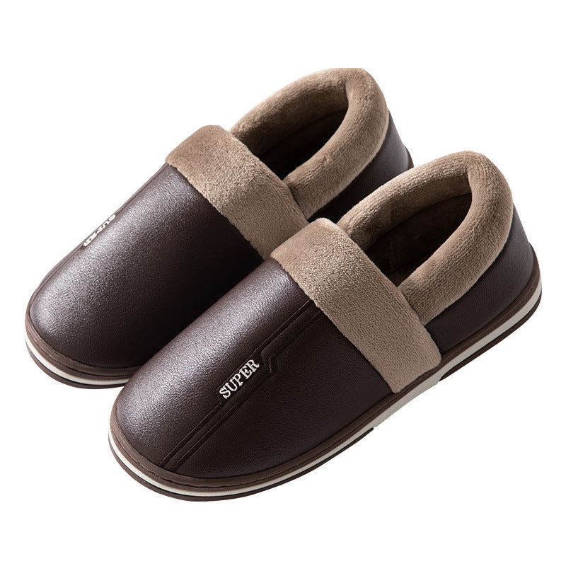 Leather Slippers Waterproof Thick Bottom Indoor Non-slip Warm Shoes