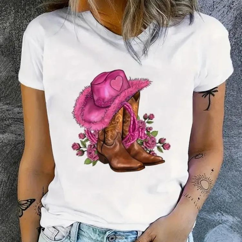 Cowgirl Floral Print T-shirts Women Summer Tshirt Lady Rive