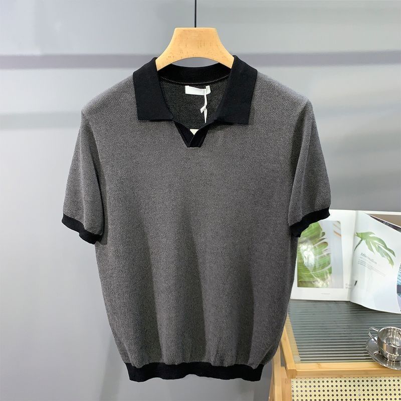 Men's Ice Silk Knitted Trendy Niche Contrast Color Lapels Short Sleeve