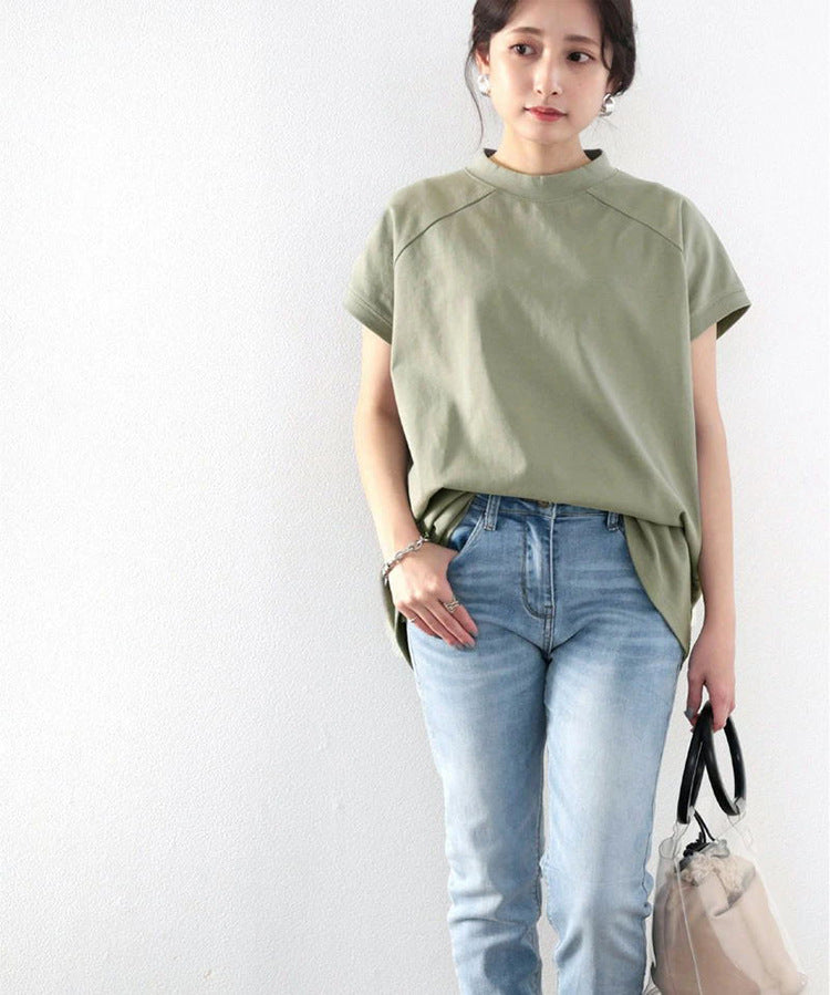 Women's Half Turtleneck Short Sleeve Cotton Loose